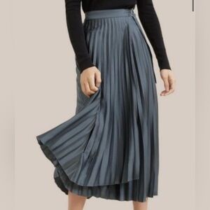 Modern Citizen Navy Blue Satin Pleated Cece Wrap Belted Midi Skirt